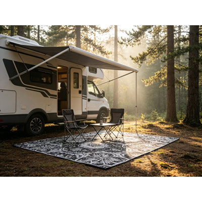Tapis d'extérieur 9 pi x 18 pi imperméable - Très grand tapis de camping réversible avec sac de transport, tissu doux et polypropylène, motif floral pour pique-nique, cour arrière, véhicule récréatif, gris et blanc