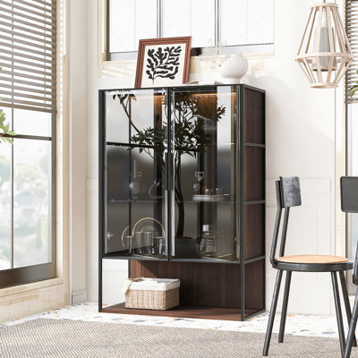 Vitrine lumineuse avec porte en verre trempé et cadre en métal, style minimaliste moderne pour le salon, le bureau et le bureau