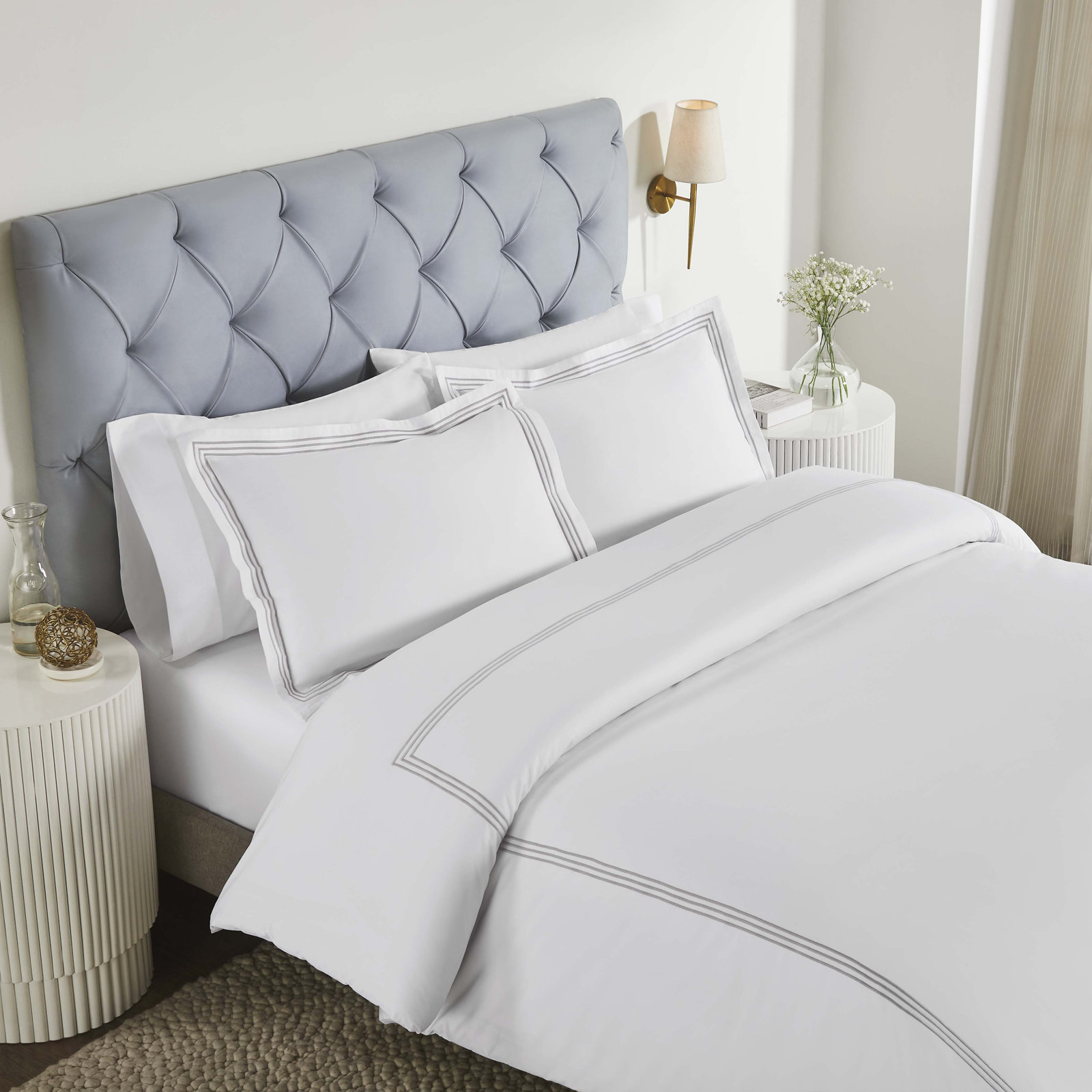 Embroidered Cotton Sheet Set, California King Sheet Set with 2 Pillowcases, White/Silver