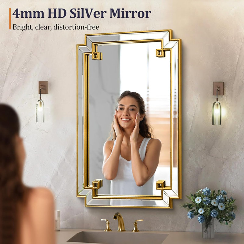 Miroir mural 30 po x 40 po pour la salle de bain, miroir de salle de bain rectangulaire doré avec cadre en bois, miroir mural décoratif moderne pour le salon, la chambre à coucher, le vestibule (horizontal / vertical)