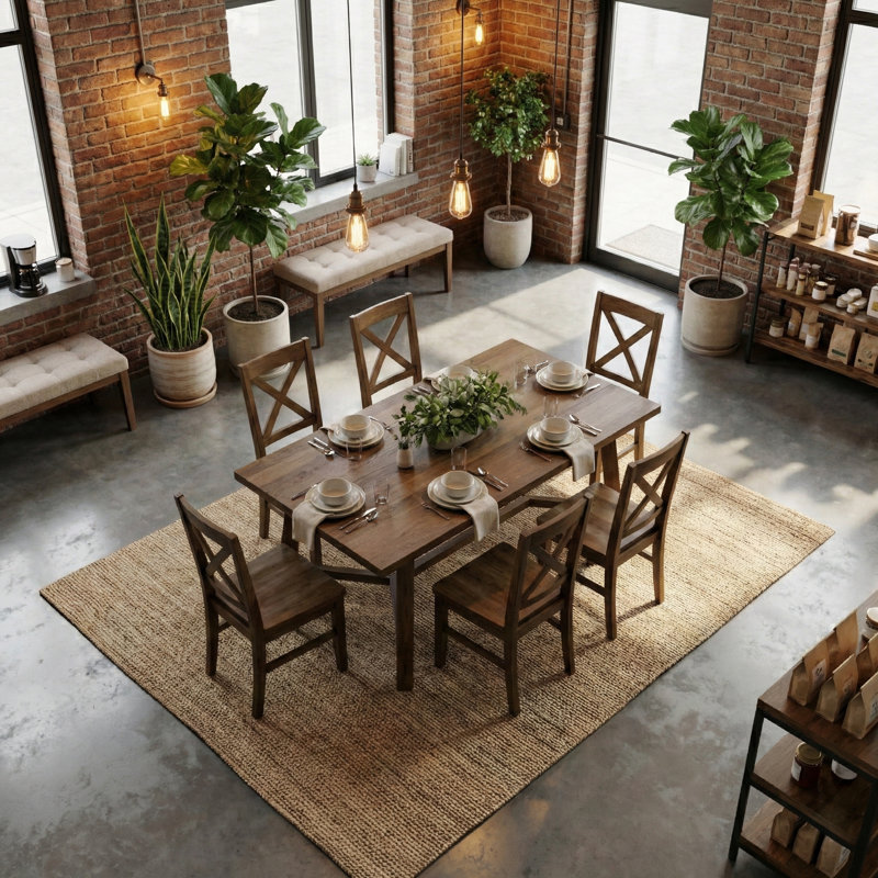Oaklyn Modern Rectangular Dining Table Set, 7 Pieces: Table, 6 Chairs, Brown
