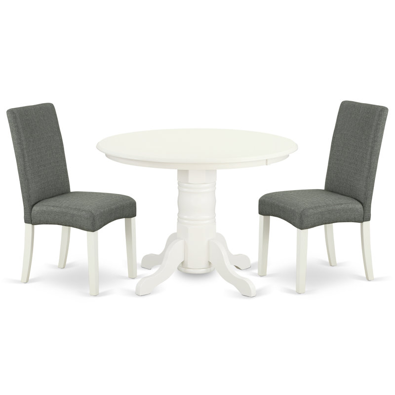 3 Piece Dining Table Set for Small Spaces Contains a Round Kitchen Table with Pedestal and 2 Grey Linen Fabric Parson Dining Chairs, Linen White