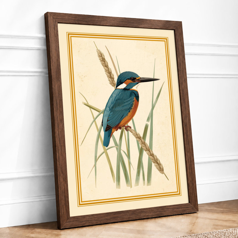 Kingfisher Among Reeds Botanical - Framed Print, A4 - 29.7 x 21.0 cm, Walnut