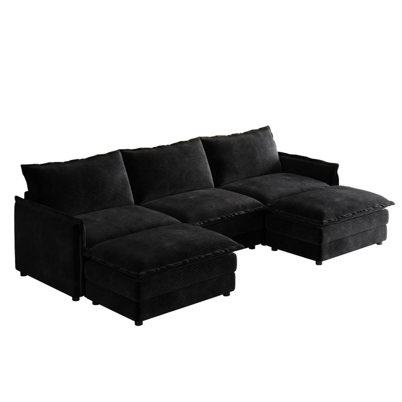 Velours côtelé rembourré, 3 avec 2 repose-pieds, construction pour le salon haut, tissu fasciné, H 33 po x l 109 po x P 58 po