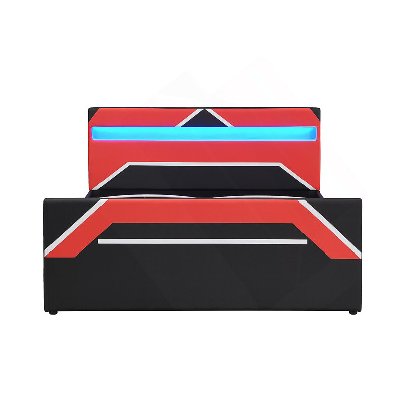 Grand lit de jeu avec tête de lit à DEL intégrée à 7 couleurs, lit plateforme avec rangement hydraulique, Black/Red