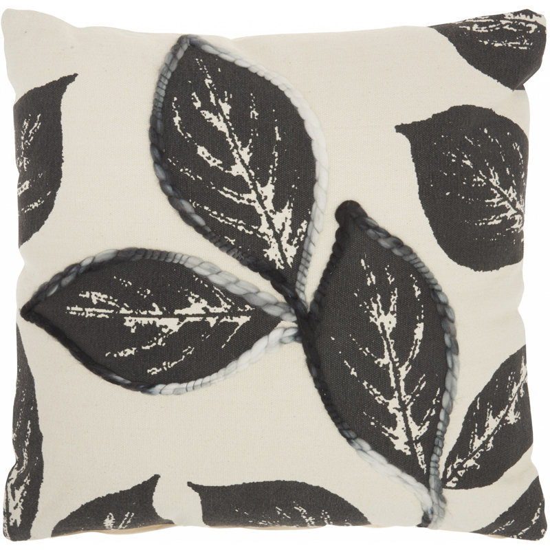 Coussin décoratif floral 20 po gris anthracite et beige avec broderie, Gris anthracite