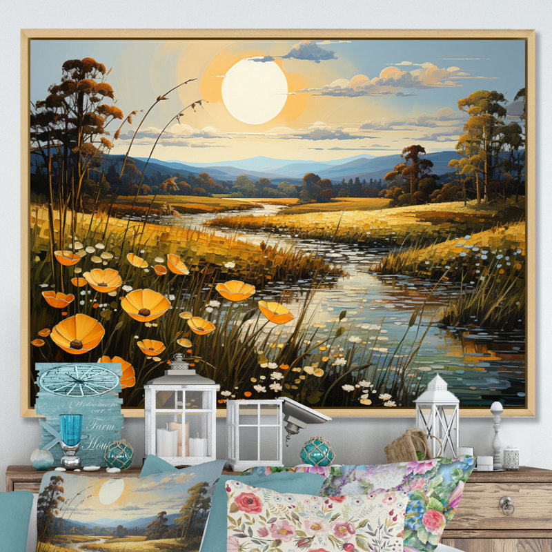 «Bernese Yellow Buttercups Golden Glow Patchwork» sur toile, Cadre naturel flottant, 16" H x 32" W
