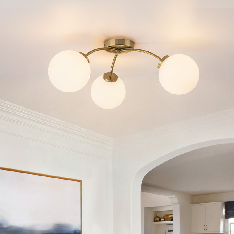 Kaynen 3-Light Minimalist Branch Flush Mount Light With Frosted Glass Shades, Brass