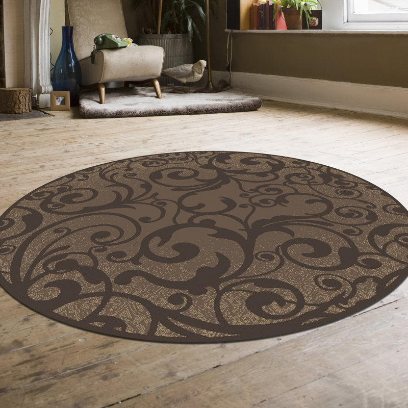 Tapis brun à motif floral Aashild, Rond 5 pi 3 po