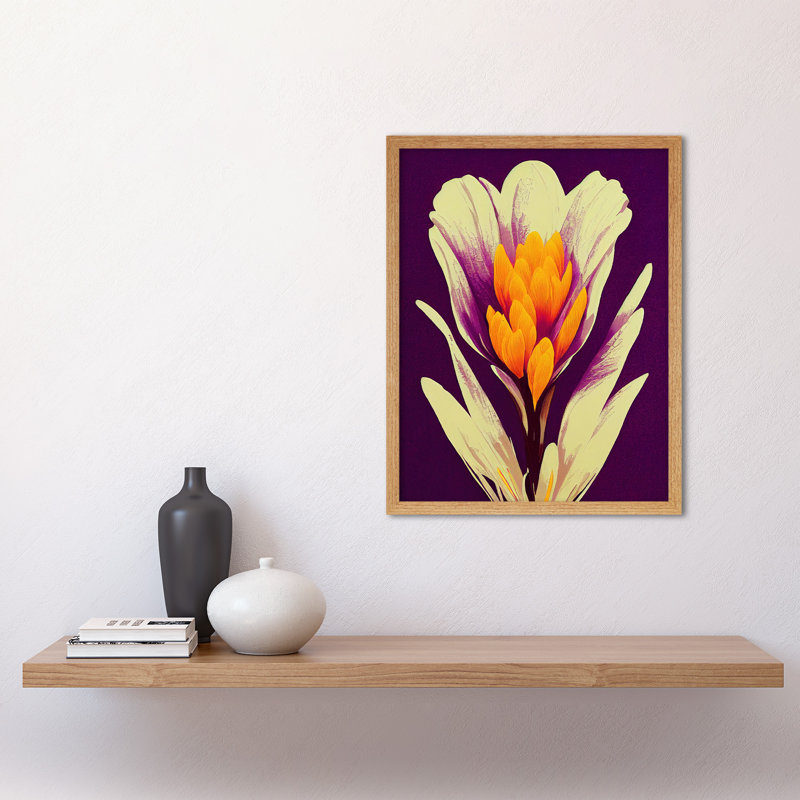 Vibrant Saffron Crocus Flower Abstract - Print, 43cm H x 33cm W, Light Brown Framed Paper