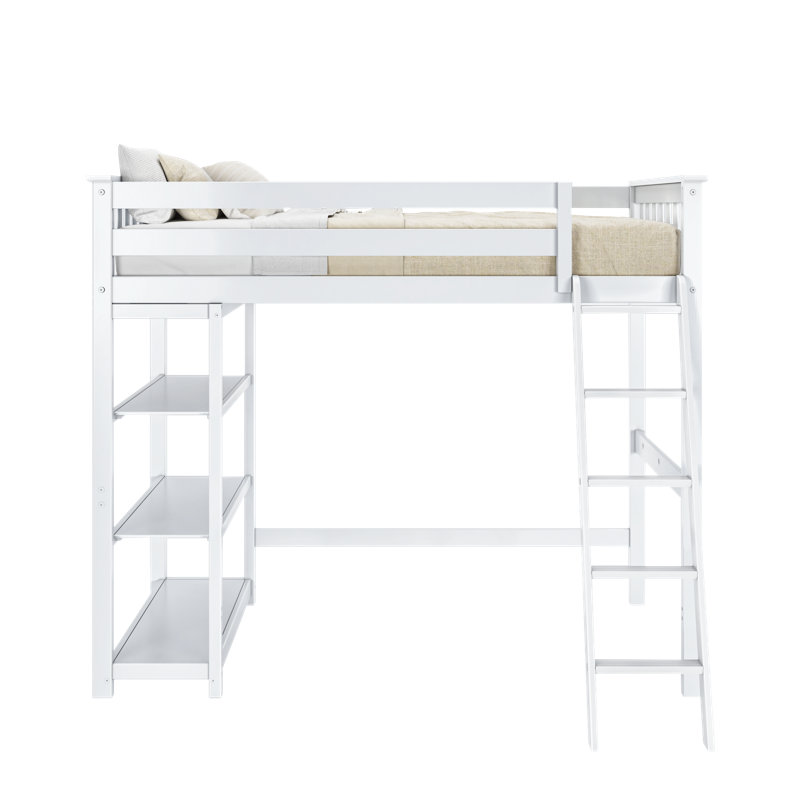  Foote Twin Solid Wood Loft Bed with Shelves, White