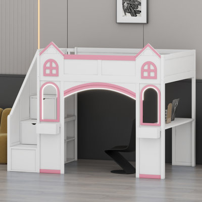 Castle Design Loft Bed with Shelves, LED Lights, and Functional Workspace