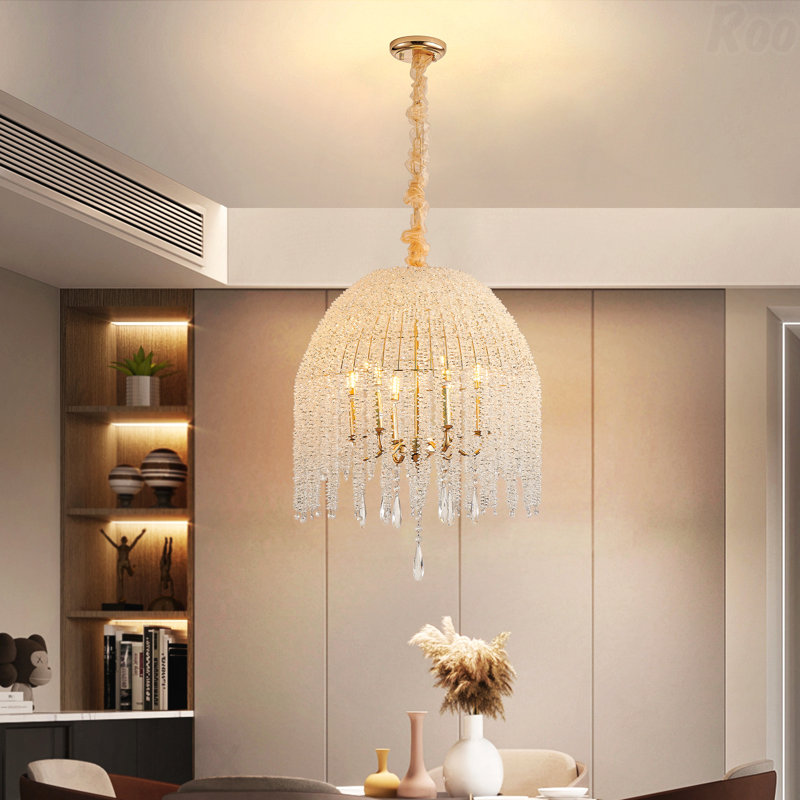 Chandelier - Luminaire suspendu en cristal 6 lumières K9 de 20 pouces, conception élégante en cascade, cordes de perles en cristal en cascade, finition dorée