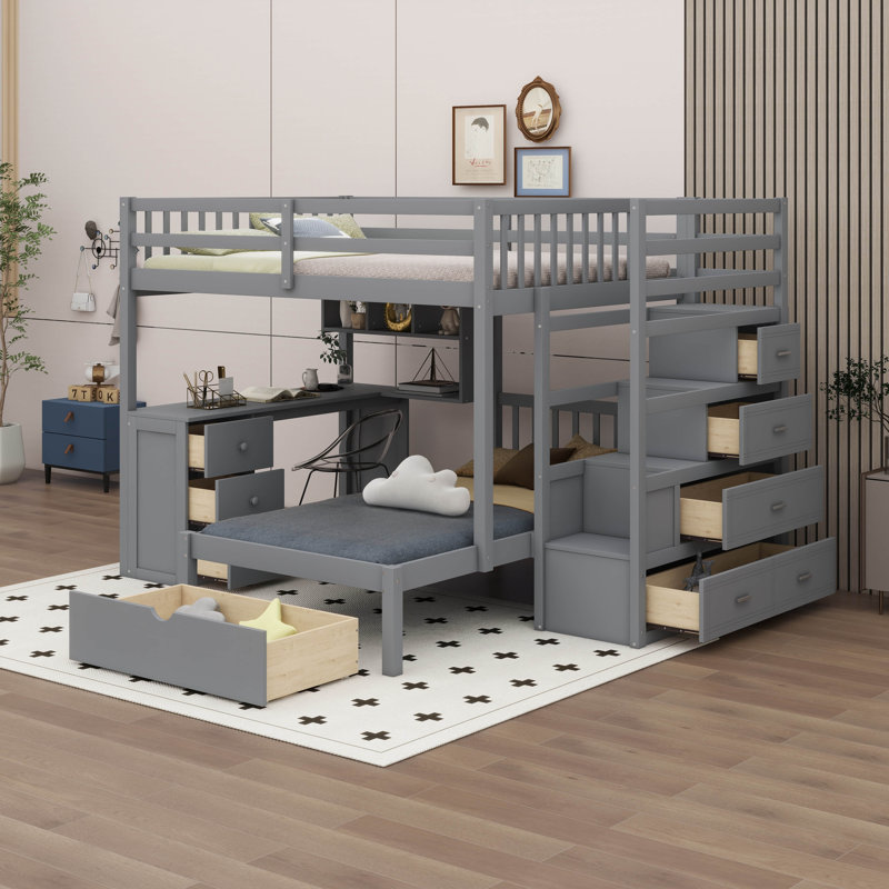 Jasniak Bunk Bed with Desk, Drawers and Shelves, Gray