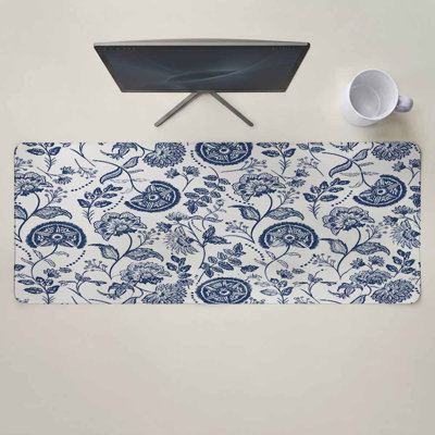 Tapis de souris fleuri champêtre pour clavier et souris, style vintage bleu brumeux, avec base antidérapante. Parfait pour le jeu, le bureau ou la maison. Dimensions : 30 x 70 cm. Livré avec une tasse blanche.