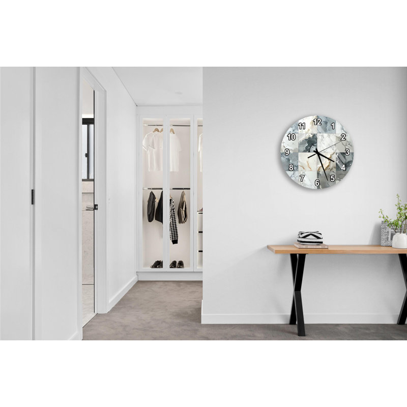 Marble Tile Tempered Glass Wall Clock, Round Modern Wall Art, Home Decor, Stylish Kitchen, Living Room Clock, Silent Wall Clock