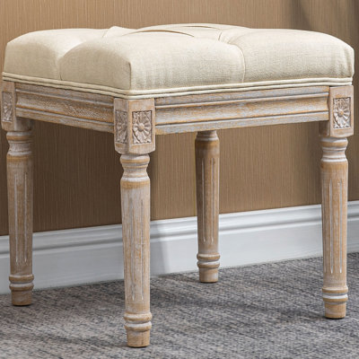 16" Vintage Ottoman, Tufted Foot Stool With Upholstered Seat, Rustic Wood Legs