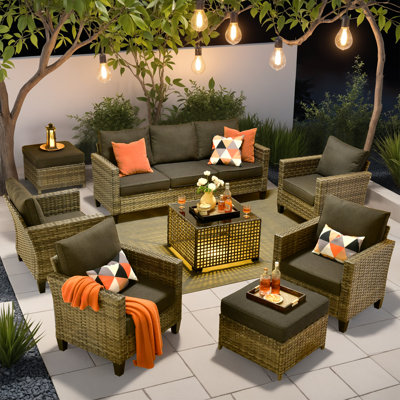 All - Weather Wicker Outdoor Furniture SetComfortable 8- Piece Patio Seating Group with Sofa & Illuminated Coffee Table by XIZZI