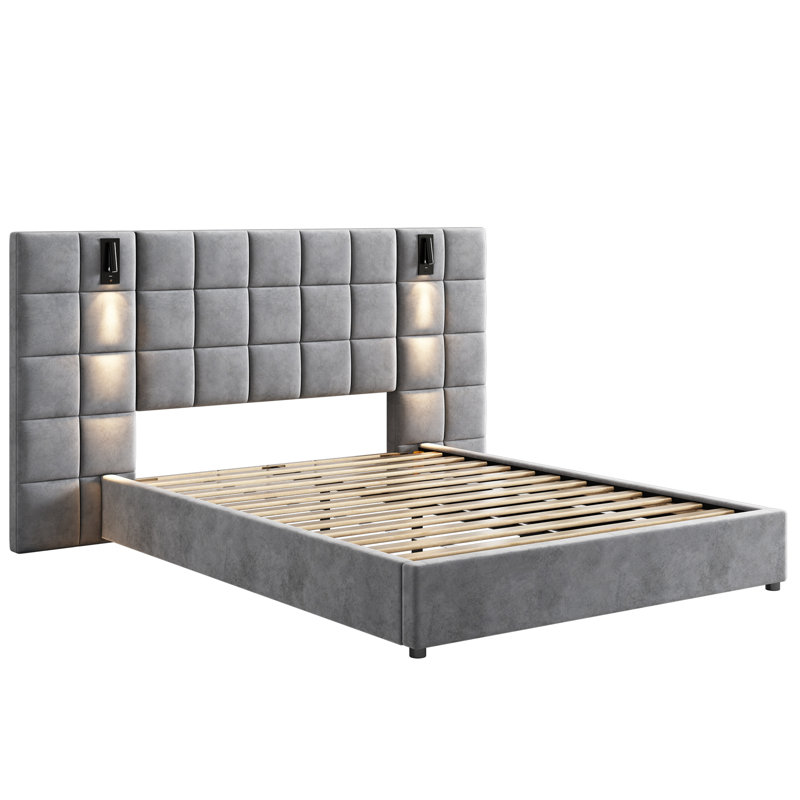 Velvet Queen Upholstered Bed with Built-in Reading Lamp & USB Port, Wide Headboard, Grey