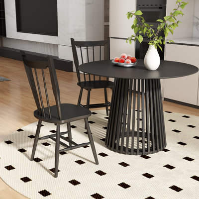 Modern Dining Set - Round Wood Table With Slat Base & Windsor Chairs - 3/5-Piece Kitchen Set