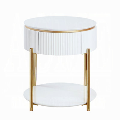 White High Gloss And Gold End Table With Metal Leg, End Table, Living Room End Tables, Round End Table, White End Table, Modern End Table by Everly Quinn