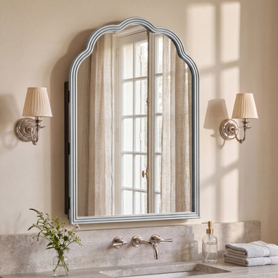 24x36in Medicine Cabinet, Bathroom Mirror Cabinet with Storage, Wall-Mounted or Recessed, Wavy Arch Solid Pine Wood Frame with Tempered Glass Mirror for Bathroom Vanity, Silver