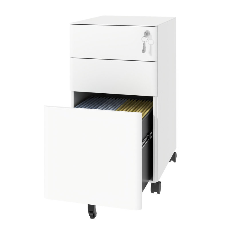 Classeur mobile à 3 tiroirs avec serrure, rangement en métal tout en acier sur roulettes, deux tiroirs profonds pour un bureau / maison, entièrement assemblé, blanc, 110 lb / tiroir, conception anti-basculement