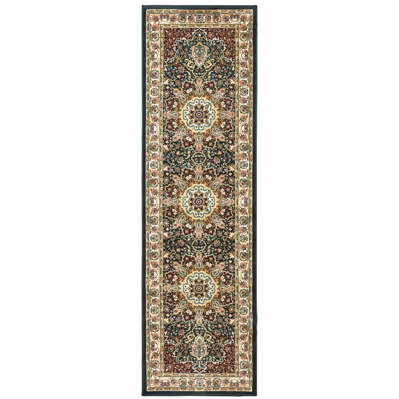 Tapis oriental bleu marine / ivoire Greenwich, Tapis de couloir 2 pi 3 po x 7 pi 6 po