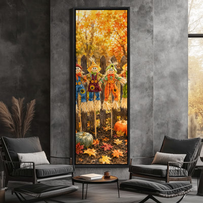 «Autumn Scarecrow Family with Pumpkins Harvest», impression murale sur toile encadrée