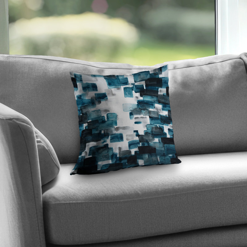 Turquoise and Gray Shapes - Gray Abstract Poly Twill Pillow – Poly Twill Throw Pillow with Insert, Double-Sided Print