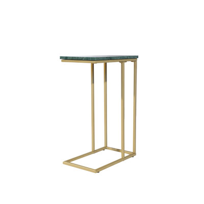 Table en C pour canapé avec plateau en marbre vert | Table d'appoint décorative | Table de bout pour le salon | Cadre en métal doré | 16,25 x 9,5 x 24,75 po