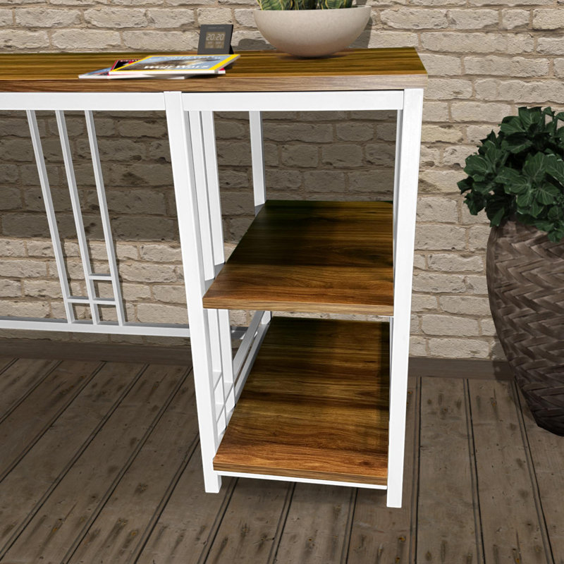 Bureau asymétrique avec structure en métal et finition noyer avec 2 tablettes