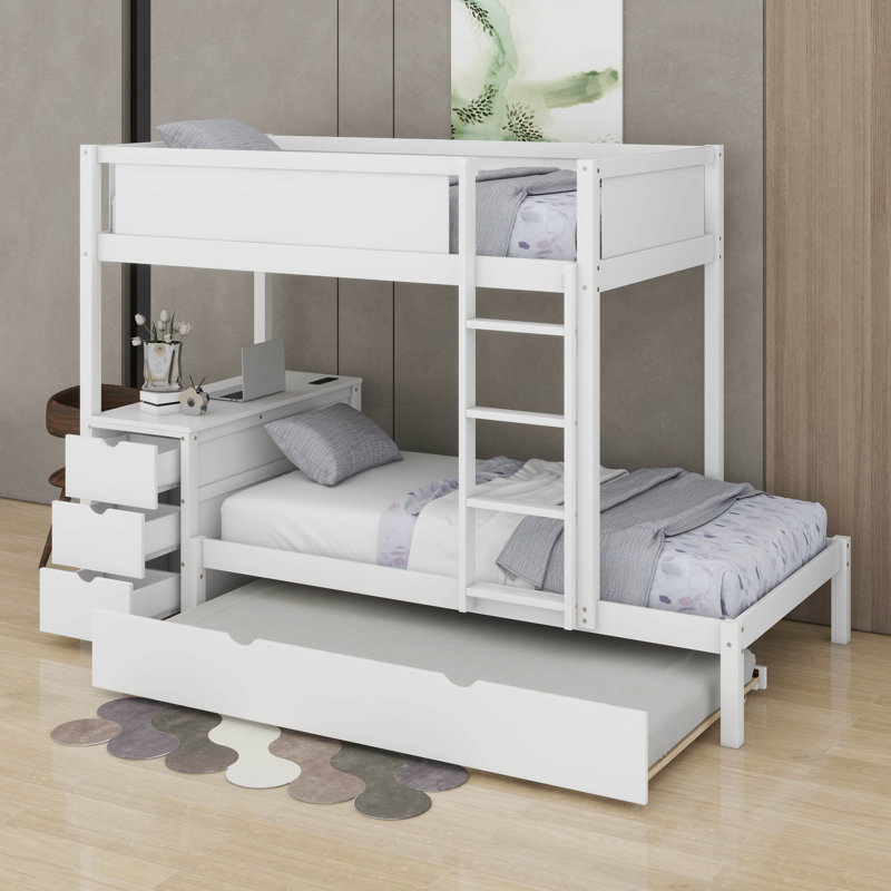 Lit superposé simple au-dessus de simple avec lit gigogne et bureau, Blanc