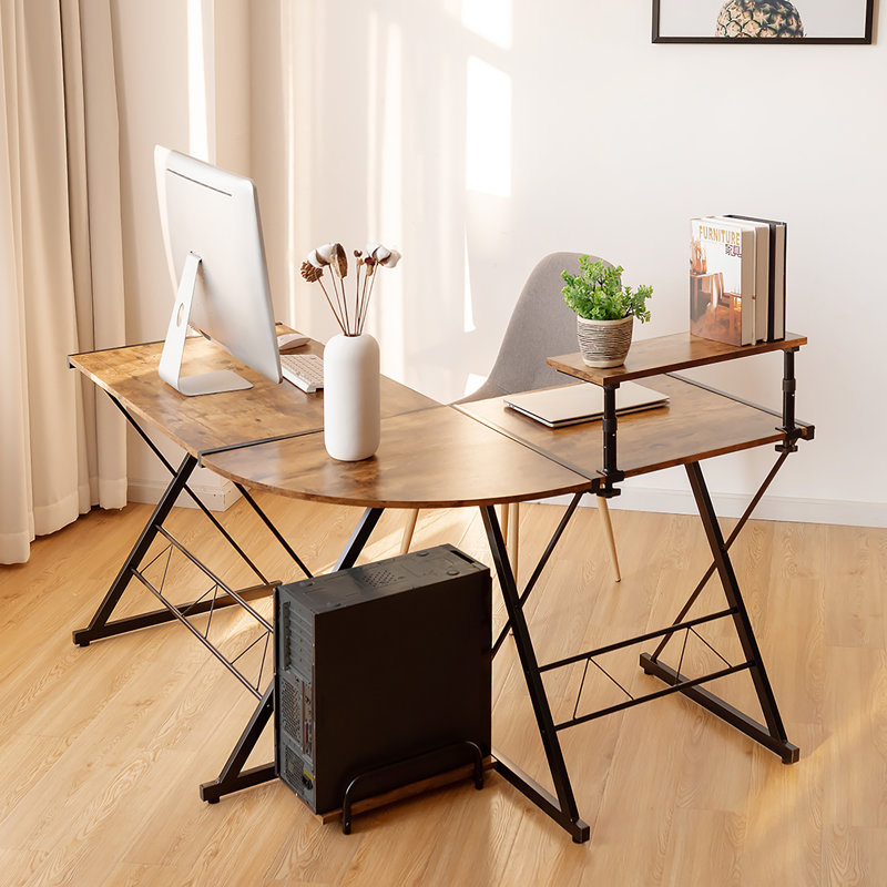 L-Shaped Metal Base Computer Desk, Walnut
