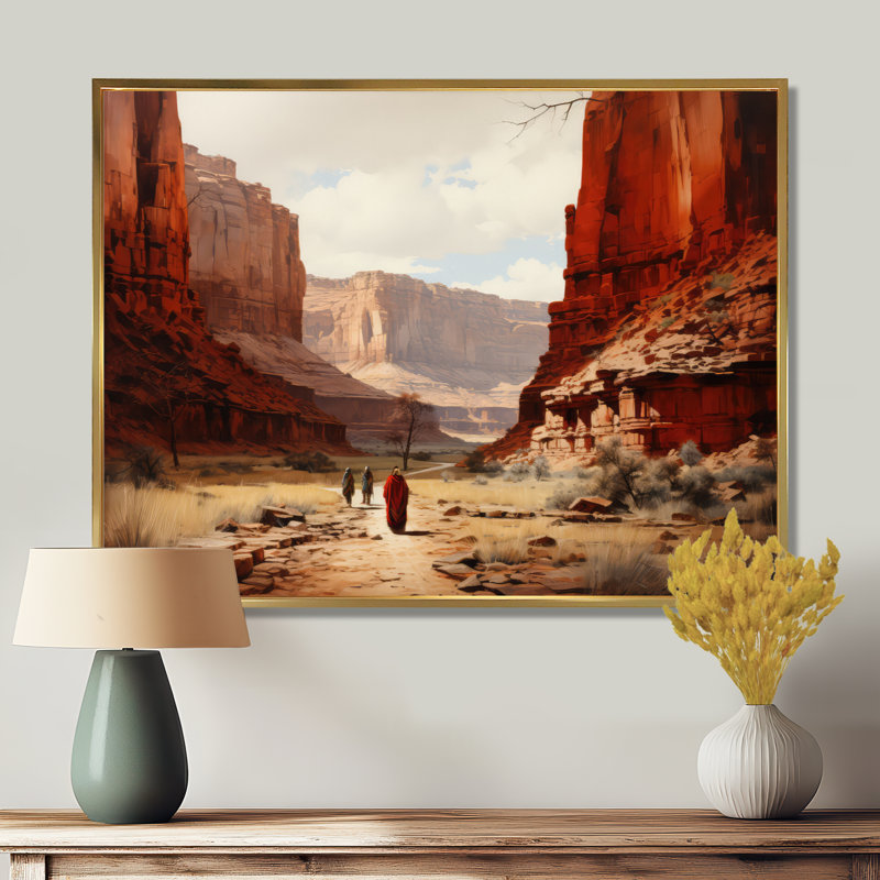 Native Canyon Echoes - Native American Art, reproduction d'art encadrée, Cadre flottant doré, H 34 po x l 44 po x P 1,5 po