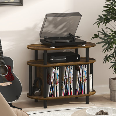 Support pour platine vinyle JAYA avec rangement intégré, pouvant contenir jusqu'à 180 à 185 disques vinyles, idéal pour le salon ou la chambre, couleur pin ambré.