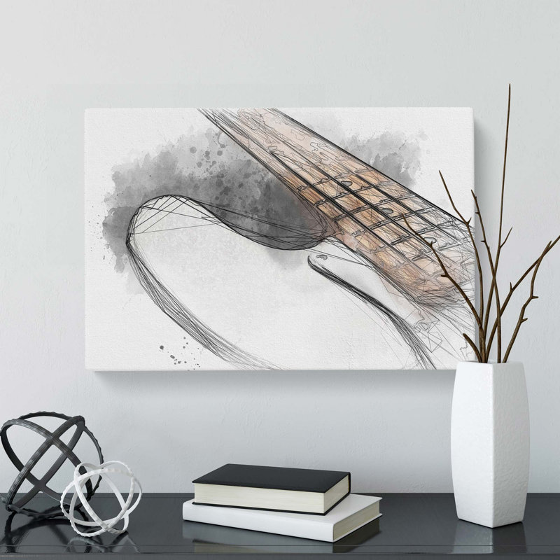 Strings of a White Bass Guitar in Abstract - Wrapped Canvas Drawing - Wrapped Canvas, 35cm H x 50cm W x 3cm D