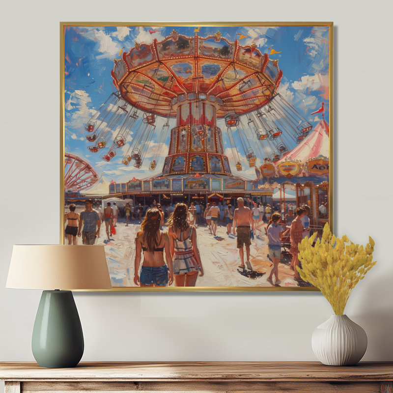 Carrousel de parc d'attractions orange et bleu - Décoration murale parcs d'attractions, Black Picture Framed