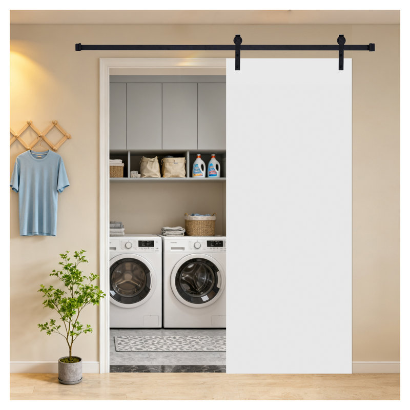 Porte de grange coulissante à panneau plat en bois aggloméré blanc moderne 28 po x 84 po Haden, 14" X 84"