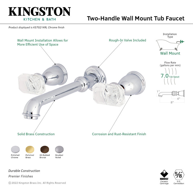 Kingston Brass Krystal Onyx Two-Handle 3-Hole Wall Mount Roman Tub Faucet, Oil Rubbed Bronze