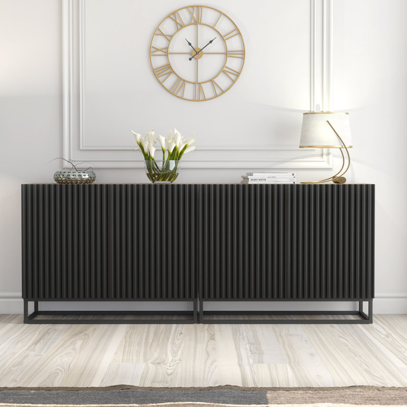 Modern Sideboard with Fluted Fronts & Gold Legs – 200cm Storage Cabinet, Oak/Black