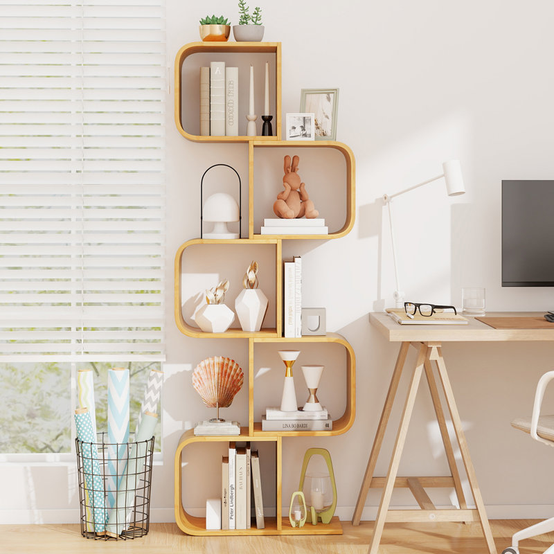 Bibliothèque à 5 niveaux en forme de S avec 5 cubes de présentation géométriques, 1