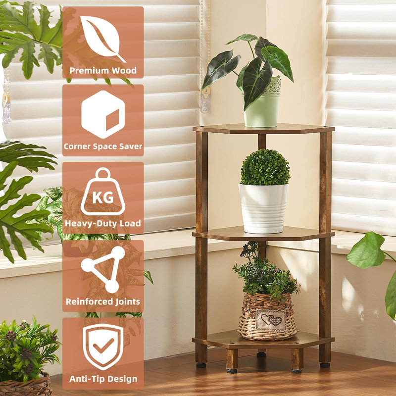 3-Tier Corner Shelf with Sturdy 5-Leg Base, Wooden Corner Bookcase for Small Spaces, Wooden Plant Display Shelf, Thin Bookshelf for Living Room, Bedroom, Office (Brown)