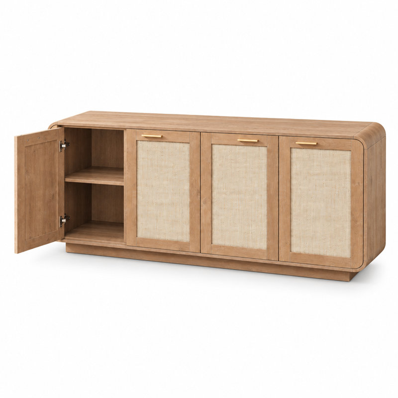 Buffet de rangement d'angle arrondi en rotin Wabi Sabi avec base intégrée pour salon, cuisine et salle à manger, Caramel