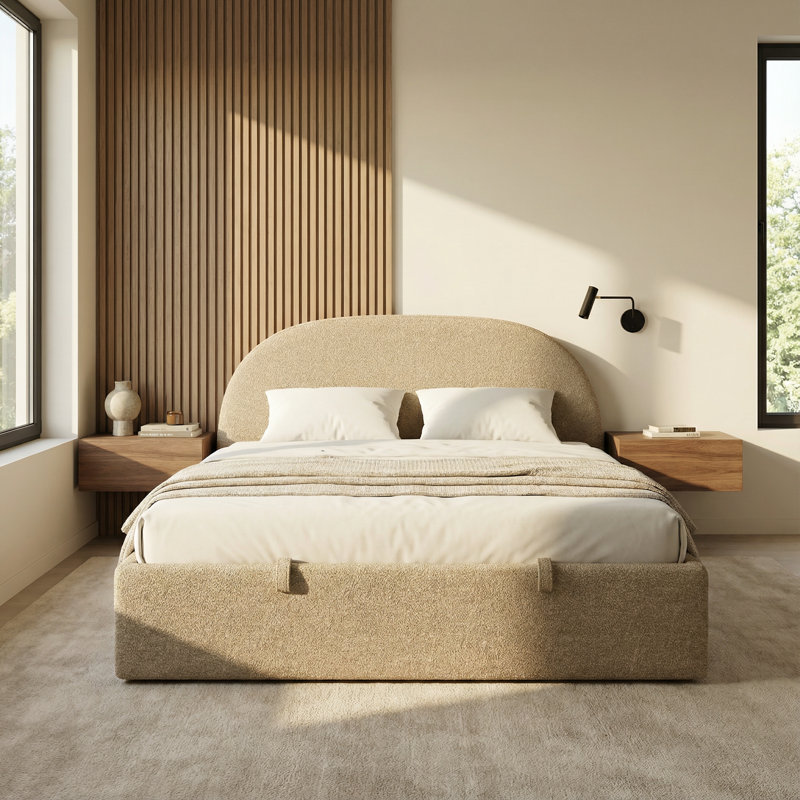 Structure de lit Aykah Lunel Cloud Boucle, Très grand lit, Beige bouclé