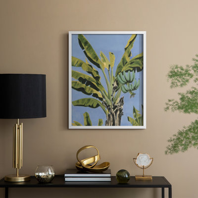 «Banana Leaves on Blue II», reproduction encadrée - bois massif