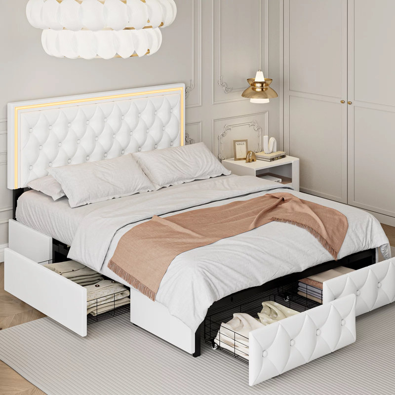 Athanasius Modern LED Platform Bed, PU Upholstered Bed with Storage Drawers, RGB Lighting & Music Sync, Adjustable Headboard, No Box Spring Needed, Easy Assembly