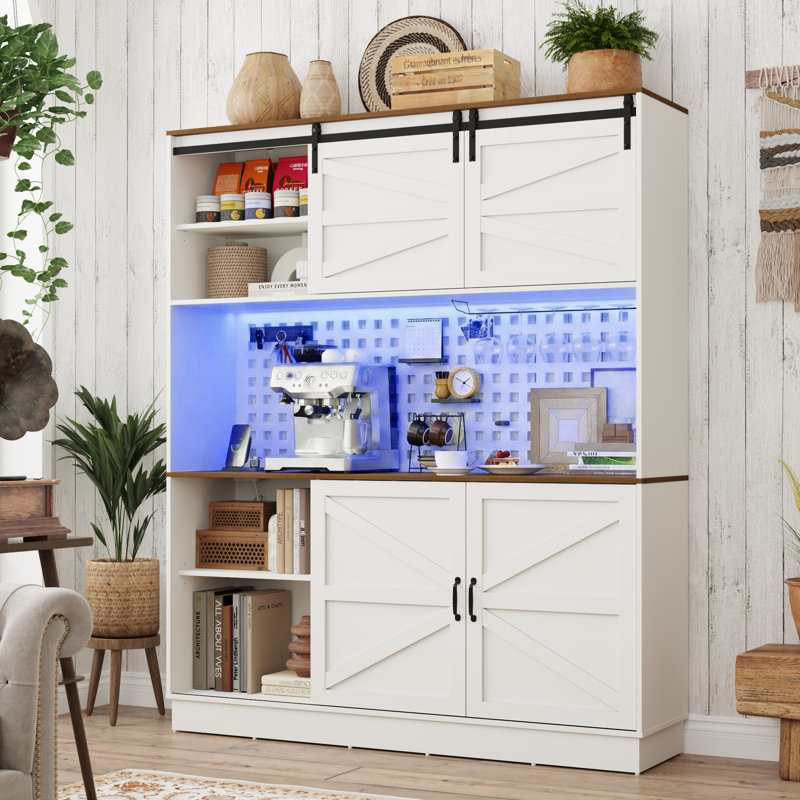 63'' W Farmhouse Kitchen Pantry Storage Cabinet With Power Outlet, Kitchen Hutch Cabinet, Large Coffee Bar Cupboard With Wine Rack, 4 Doors & 2 Drawers For Dining Room