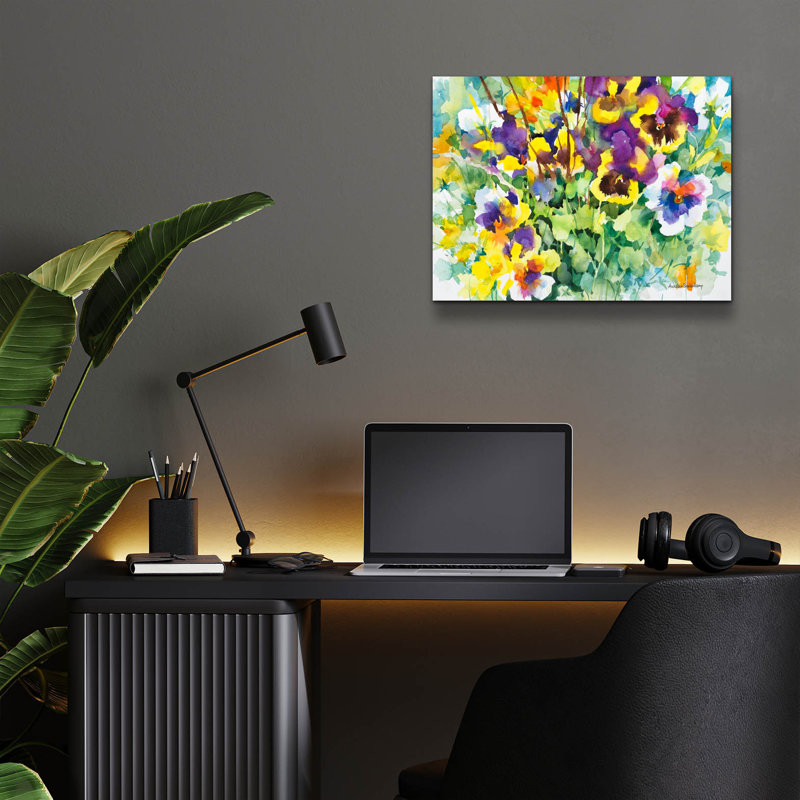 Art mural en verre "Pansies posant 2 2" par Annelein Beukenkamp, H 12 po x l 16 po x P 0,13 po