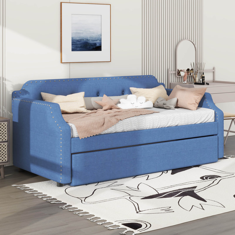 Upholstered Daybed With Trundle, Twin Size, Blue